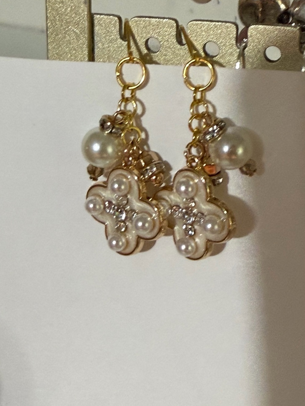 Gold-Tone Faux Pearl Cluster Flower Drop Earrings